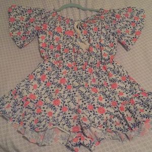 Pink and Navy Off the Shoulder Romper